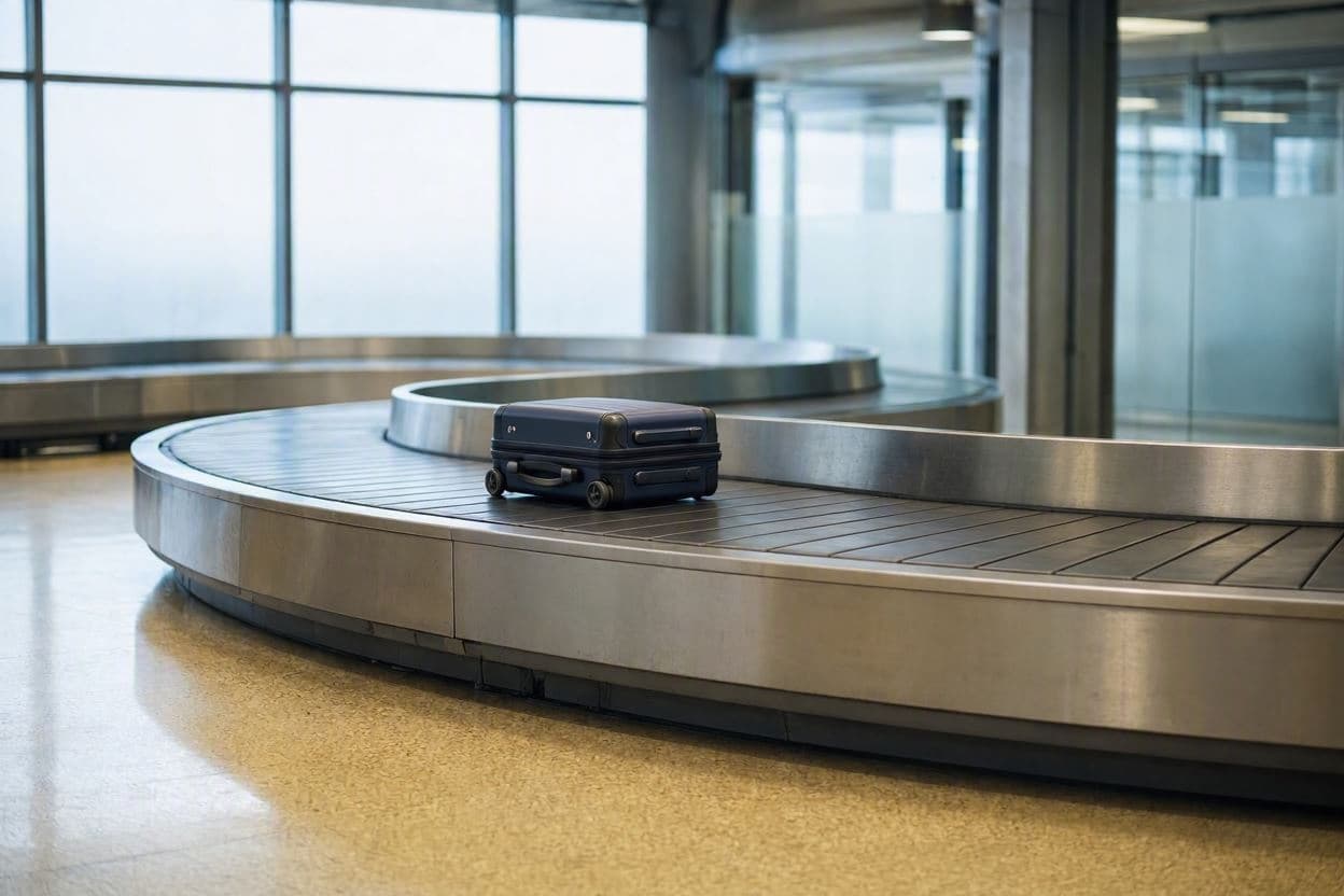 Bandă de bagaje goală într-un terminal de aeroport, cu o singură valiză mică rămasă pe ea