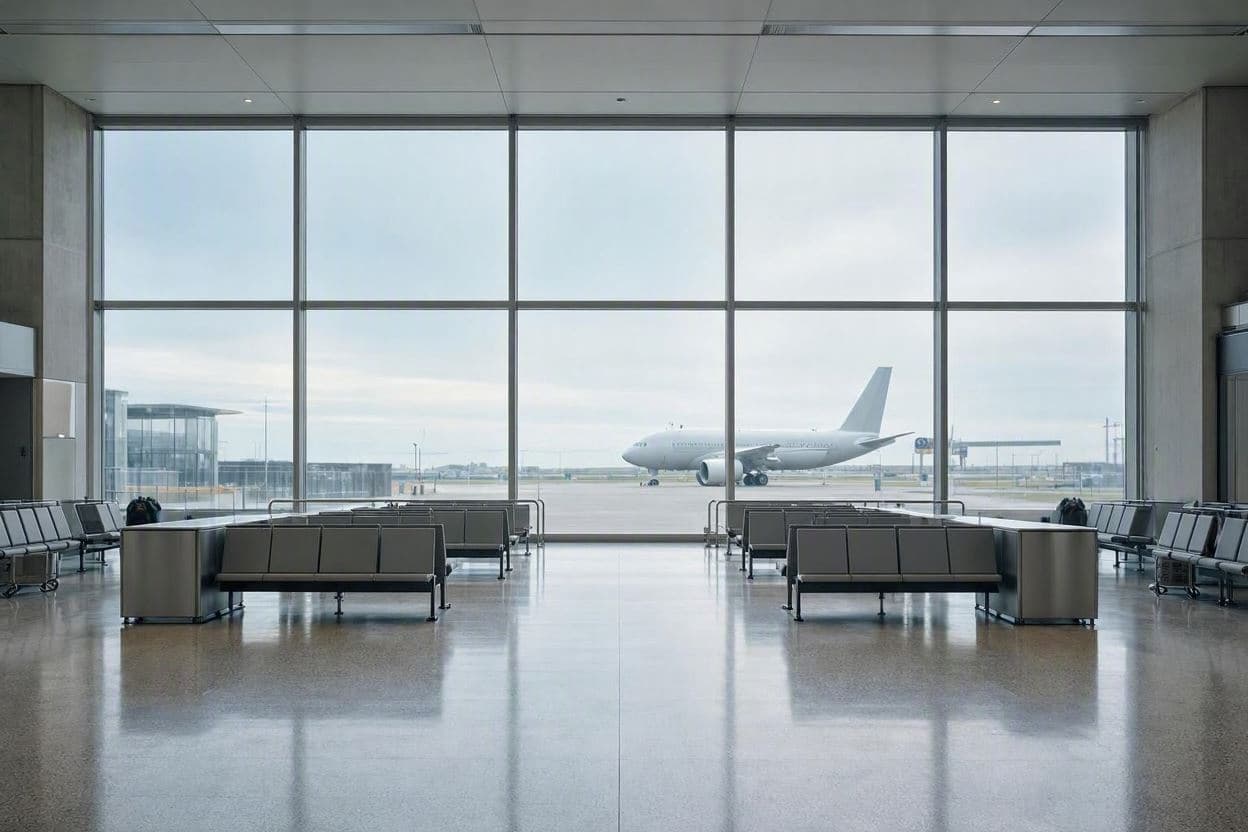 Sală de așteptare într-un aeroport, cu ferestre înalte și un avion pe pistă în spatele lor