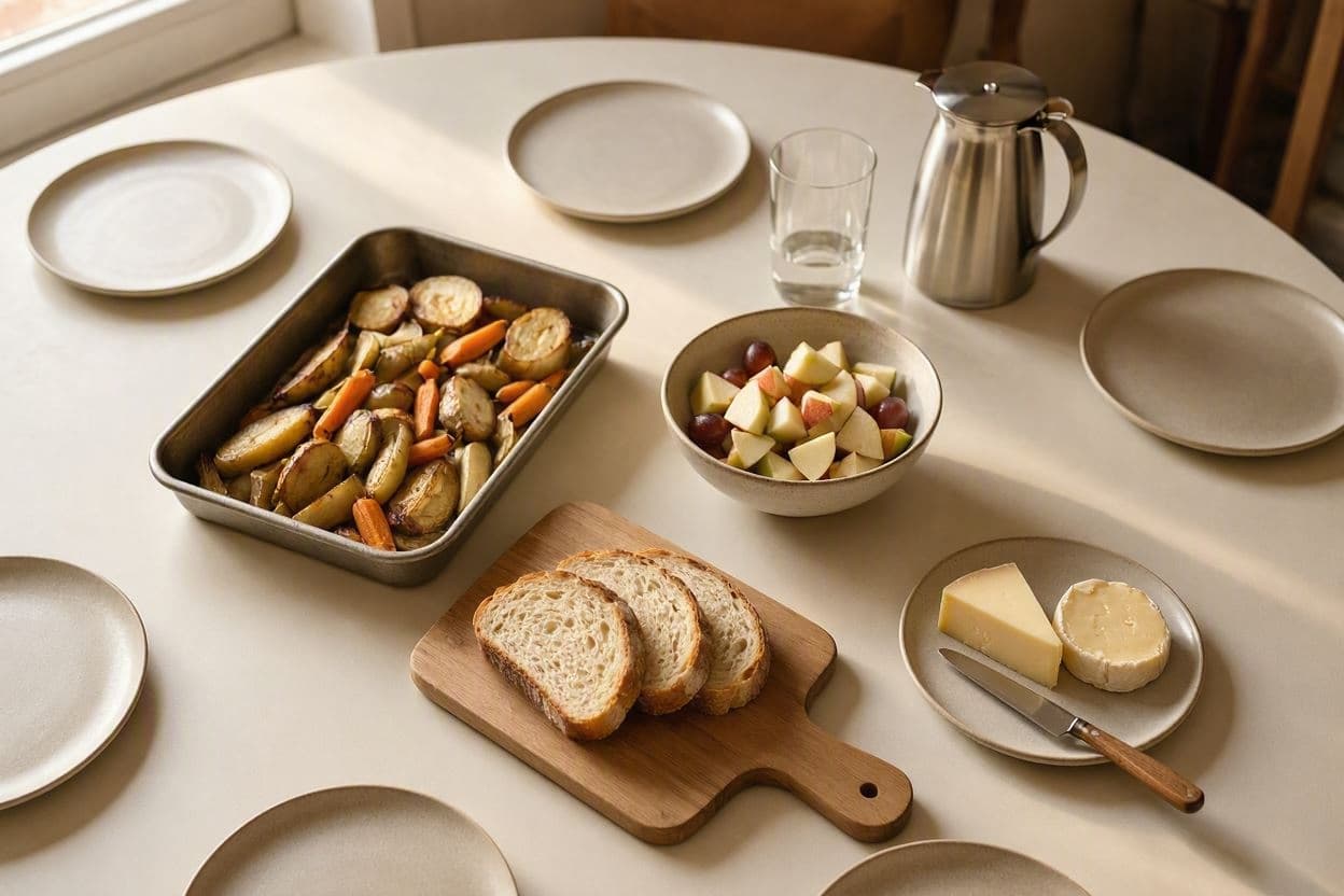 Masă rotundă de brunch văzută de sus: tavă cu legume la cuptor, bol cu salată de fructe, pâine feliată pe fund de lemn, brânzeturi și o carafă de cafea, cu farfurii în jur