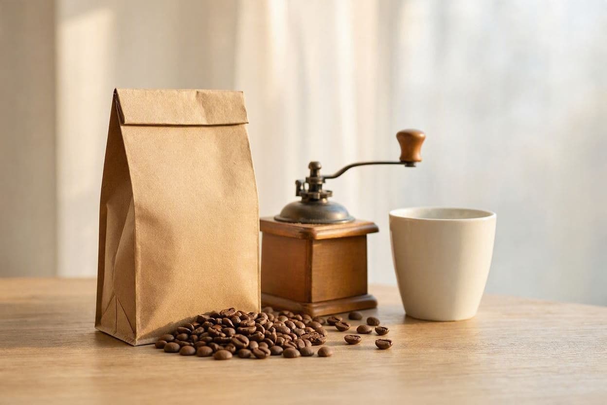 Pungă de hârtie cu boabe de cafea vărsate pe blat, lângă o râșniță manuală de lemn și o cană albă