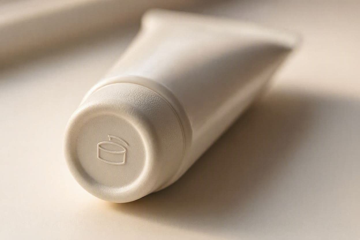 Prim-plan cu baza unui tub de cosmetice, pe care se vede în relief simbolul borcănelului deschis