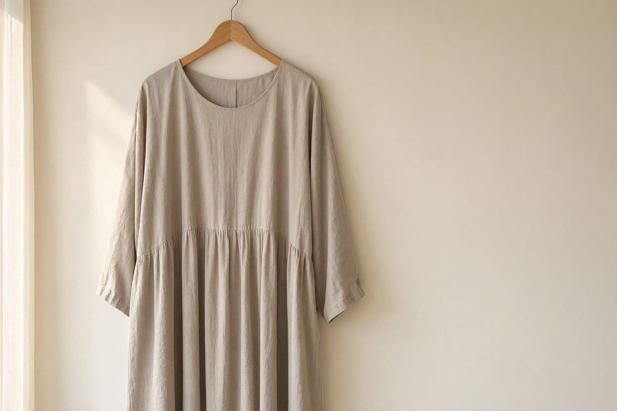 Rochie de vară din in, în ton natural, atârnată pe un umeraș de lemn lângă o fereastră