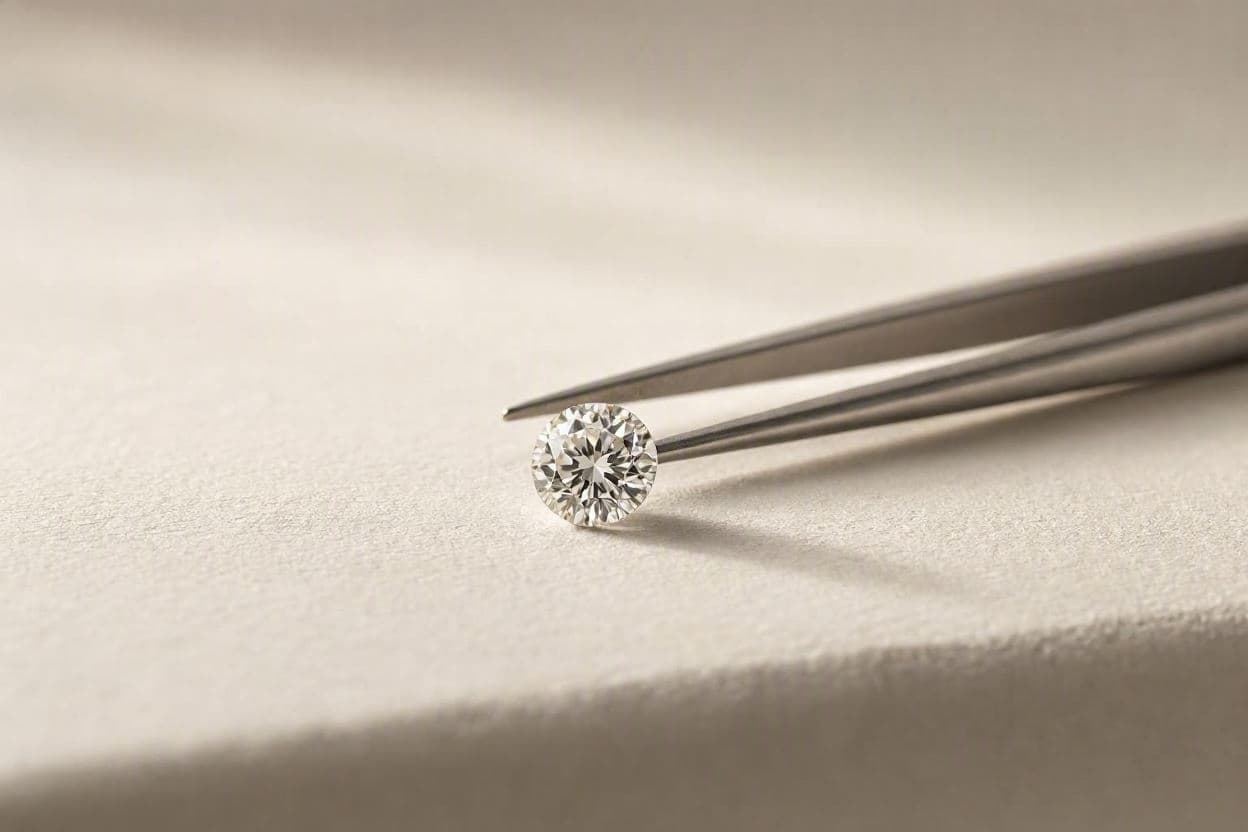 Diamant rotund prins într-o pensetă fină, deasupra unei suprafețe deschise la culoare, în lumină laterală