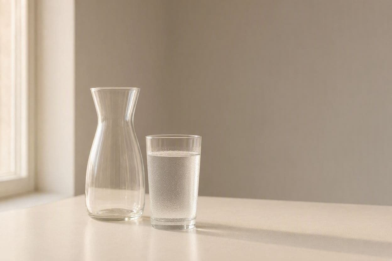 Carafă de sticlă și un pahar cu apă pe un blat deschis la culoare, lângă o fereastră, în lumină naturală