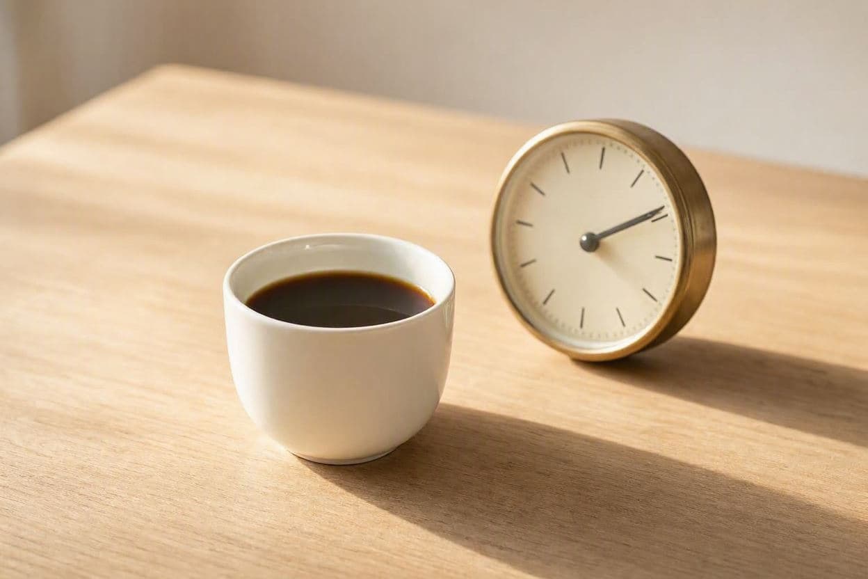 Ceașcă albă cu cafea neagră pe o masă de lemn, lângă un ceas rotund de alamă, în lumină de după-amiază