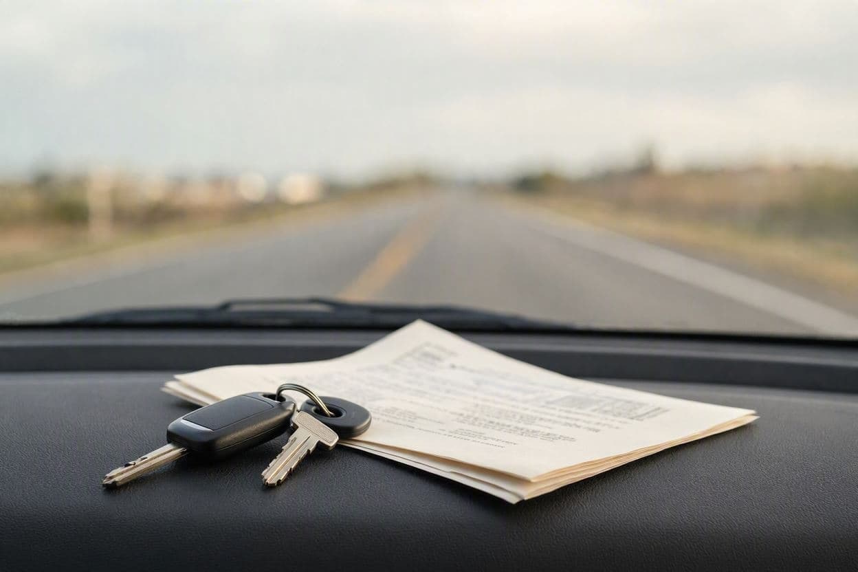 Chei de mașină și documente împăturite pe bordul unui automobil, cu un drum gol văzut prin parbriz