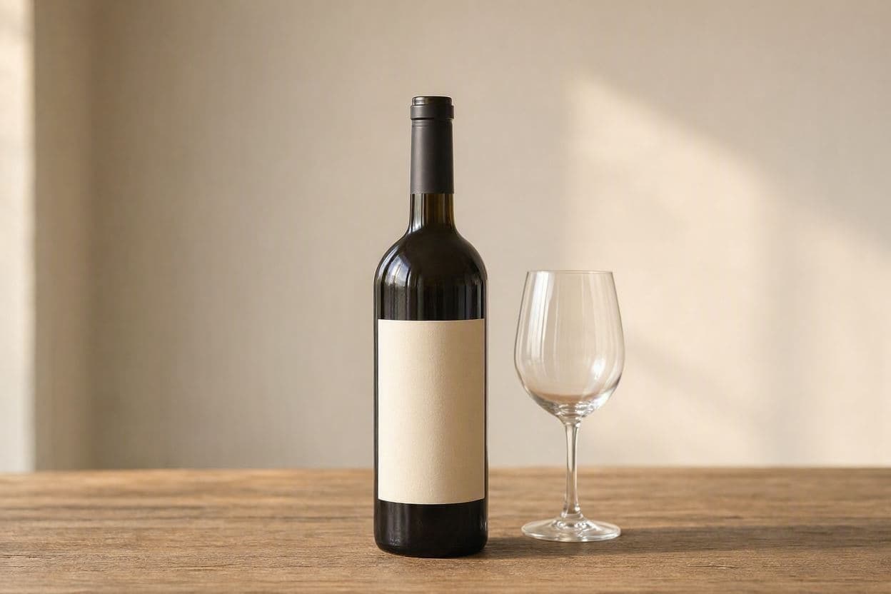 Sticlă de vin roșu cu eticheta goală întoarsă spre privitor, lângă un pahar gol, pe o masă de lemn