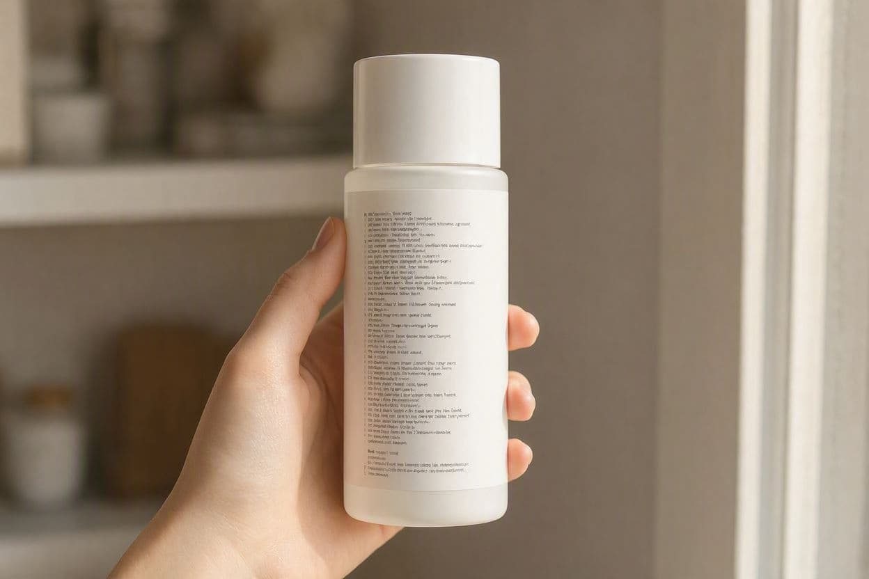 Spatele unui flacon alb de cosmetice, ținut în mână, cu lista de ingrediente tipărită mărunt pe etichetă; în fundal, un raft de baie neclar