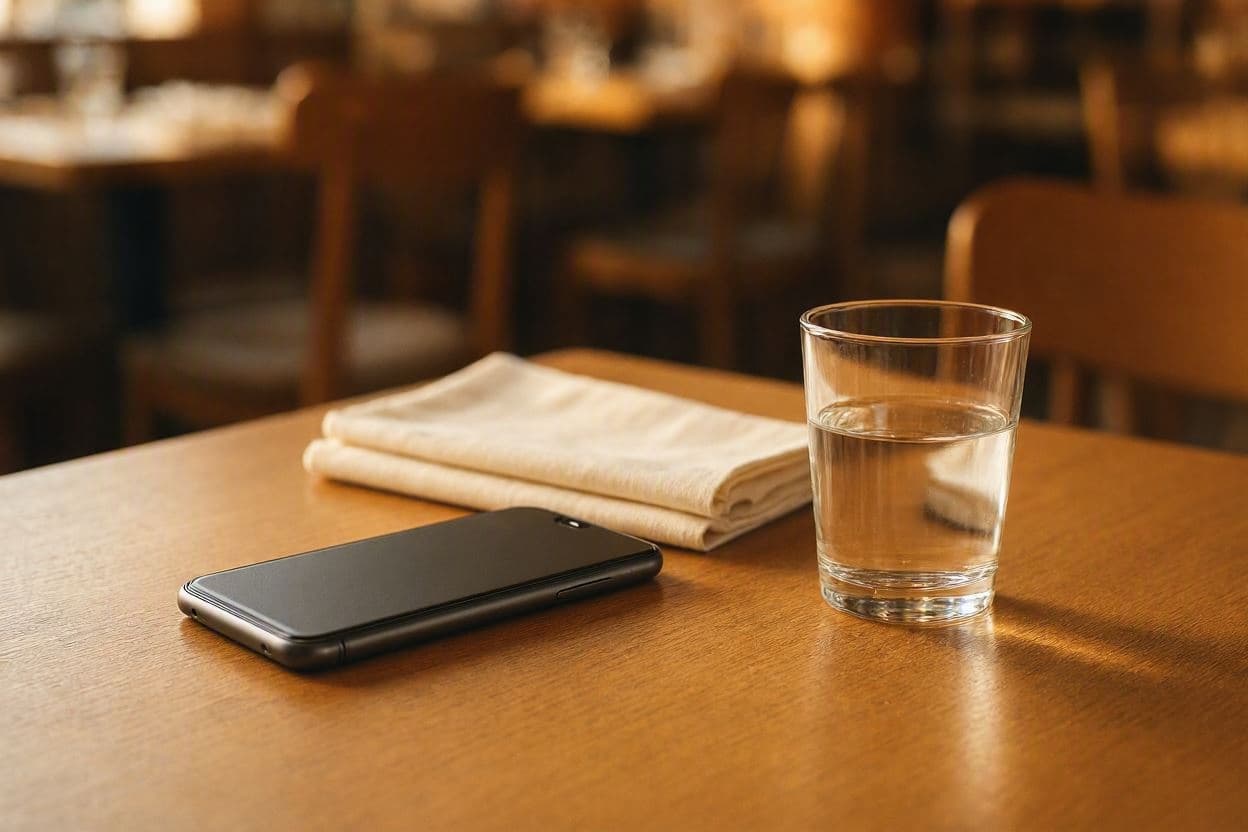 Telefon cu ecranul stins pe o masă de restaurant, lângă un pahar cu apă și un șervet împăturit