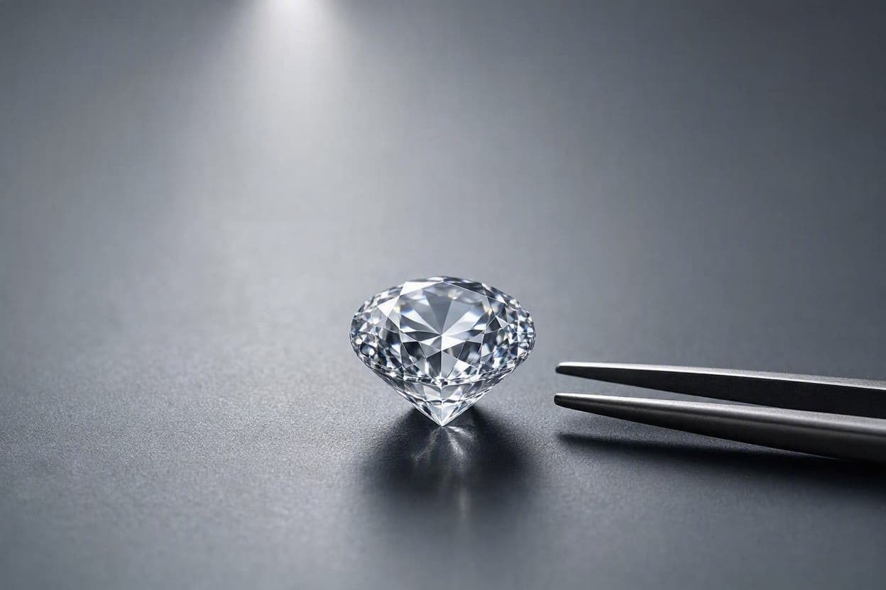 Diamant tăiat brilliant, așezat pe o suprafață gri închis, cu o pensetă metalică alături, sub o rază de lumină