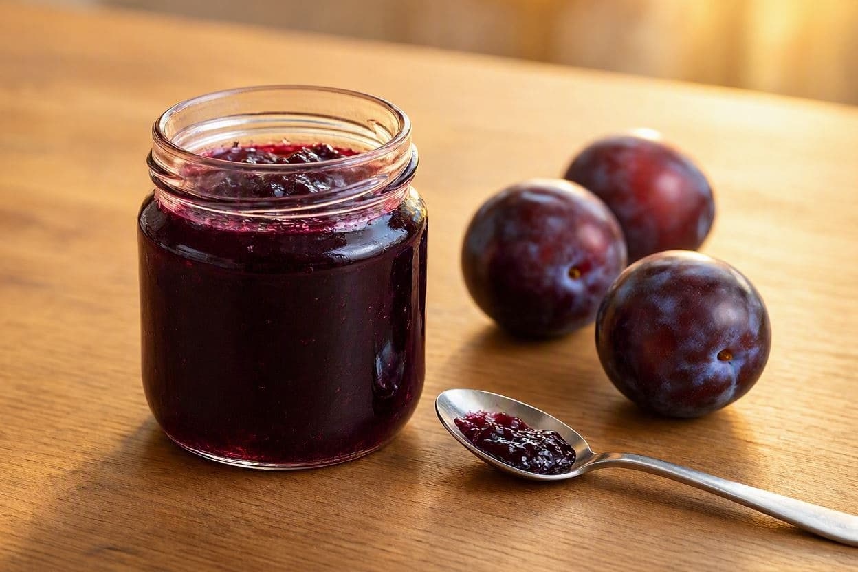 Borcan deschis cu dulceață de prune pe o masă de lemn, cu trei prune întregi și o linguriță alături
