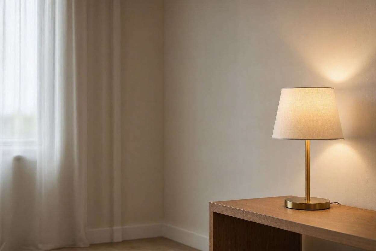 Lampă de masă aprinsă pe o consolă de lemn, lângă o draperie subțire, cu lumina caldă răsfrântă pe perete