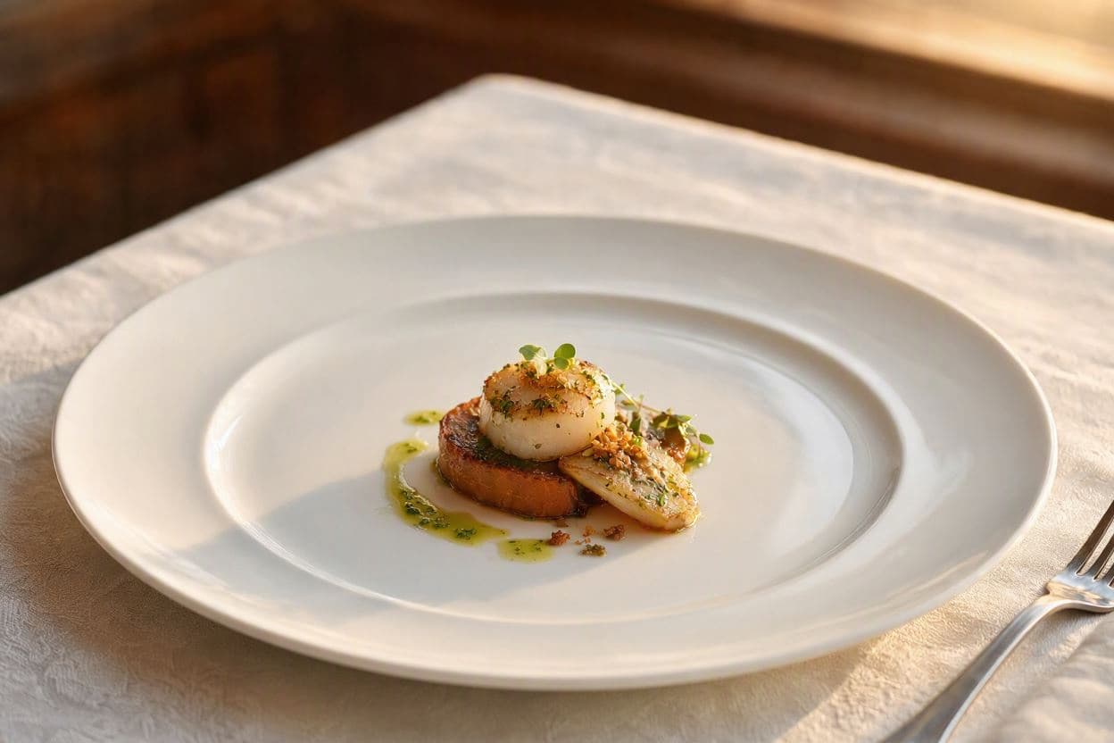 Farfurie albă mare cu o singură porție mică, o scoică rumenită cu ulei de verdeață, pe o față de masă albă de restaurant