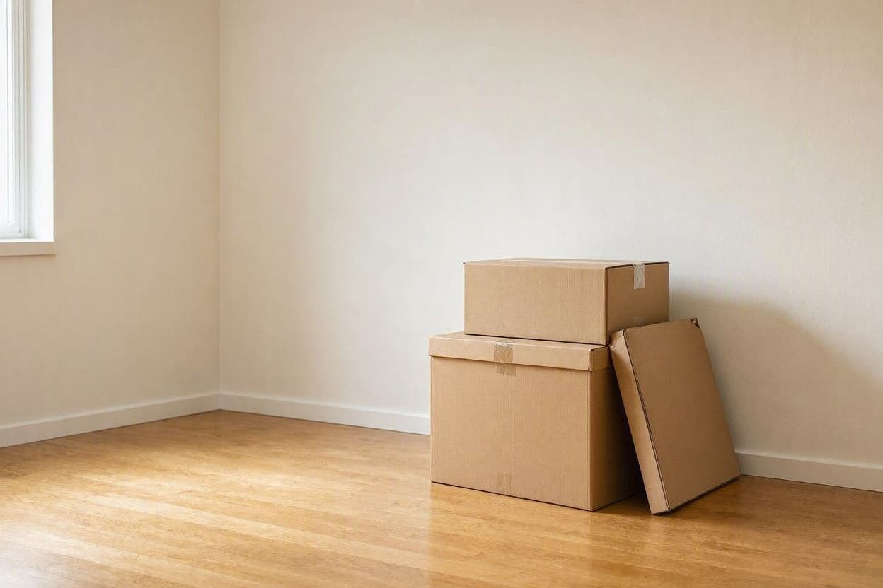 Câteva cutii de carton nedesfăcute, așezate în colțul unui apartament gol, pe podea de lemn