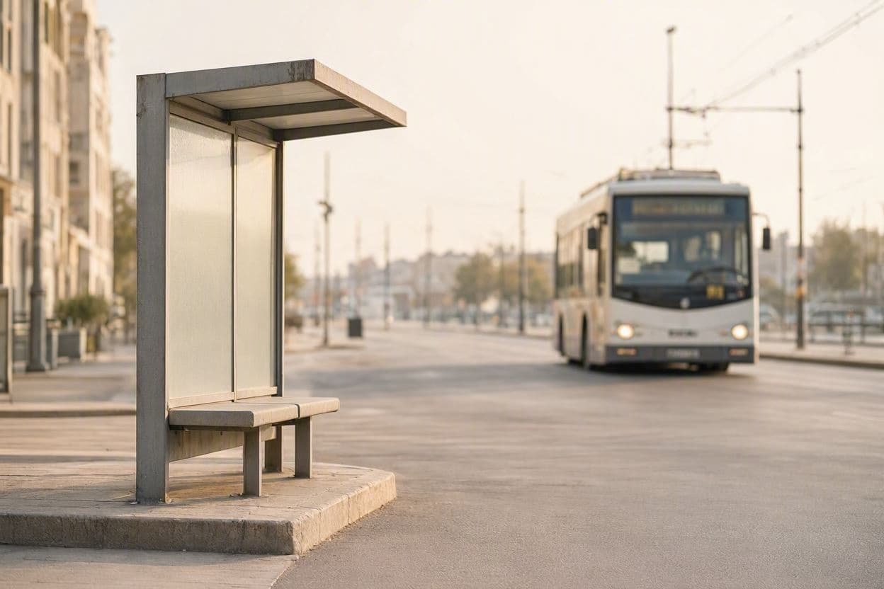 Stație de transport public goală, pe un bulevard larg, cu un troleibuz care se apropie în plan îndepărtat