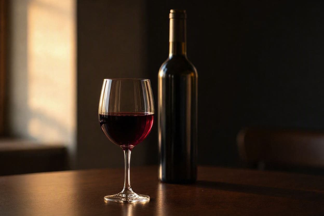 Pahar de vin roșu pe o masă de restaurant, lângă o sticlă închisă la culoare, fără etichetă
