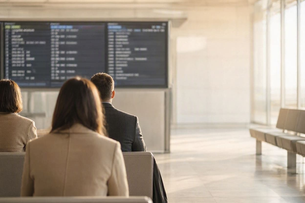Panou de plecări dintr-un terminal de aeroport, văzut din spatele a trei călători care așteaptă