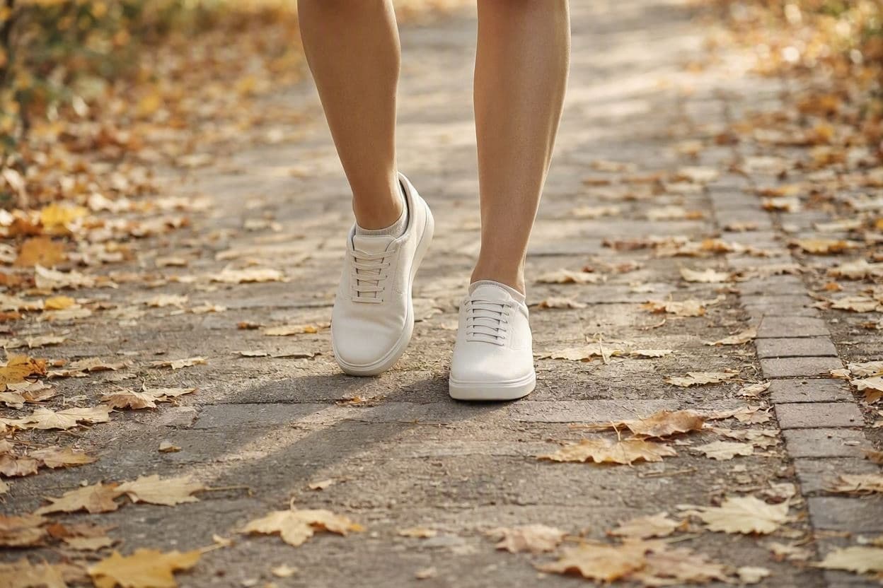 Picioare în adidași albi, surprinse în mers pe o alee pavată acoperită cu frunze de toamnă
